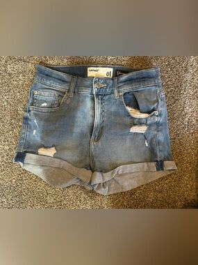 Garage Light Blue Distressed Denim Roll-Cuff Shorts